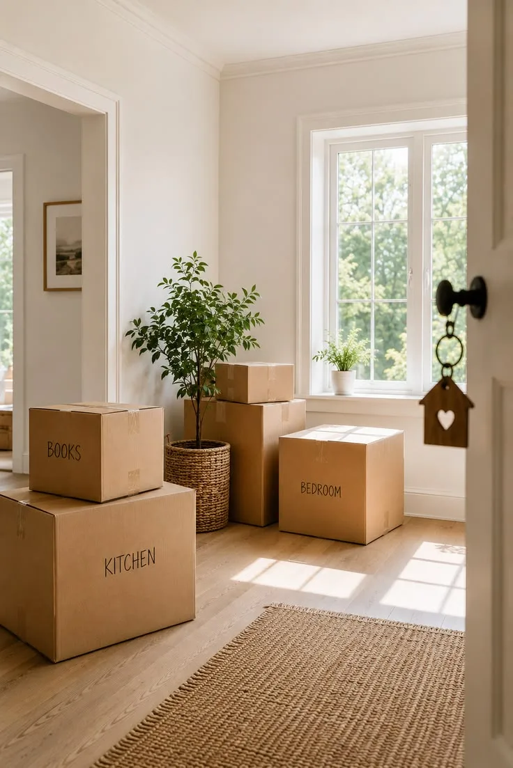 Habitación luminosa con cajas de cartón junto a la ventana