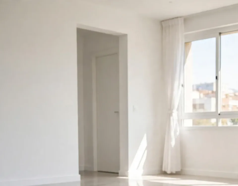 Salón vacío y luminoso, recién limpio, con una ventana y una puerta abierta