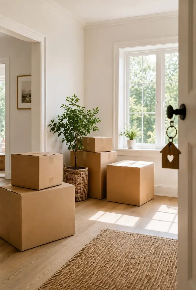 Salón luminoso con cajas de cartón, una planta y una llave colgada en la puerta