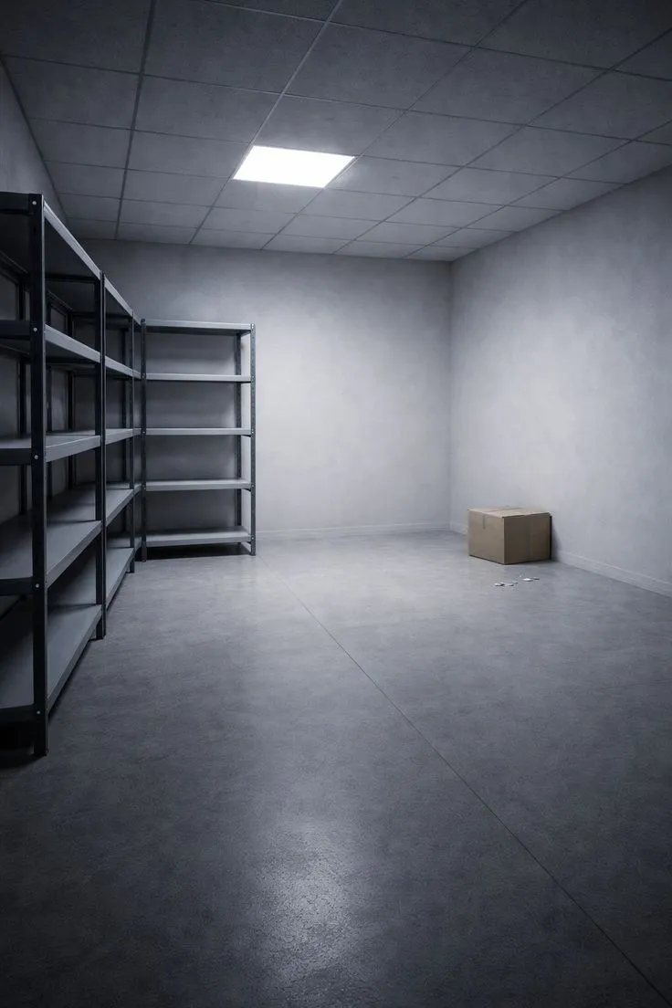Trastero vacío con estanterías metálicas y una caja en el suelo