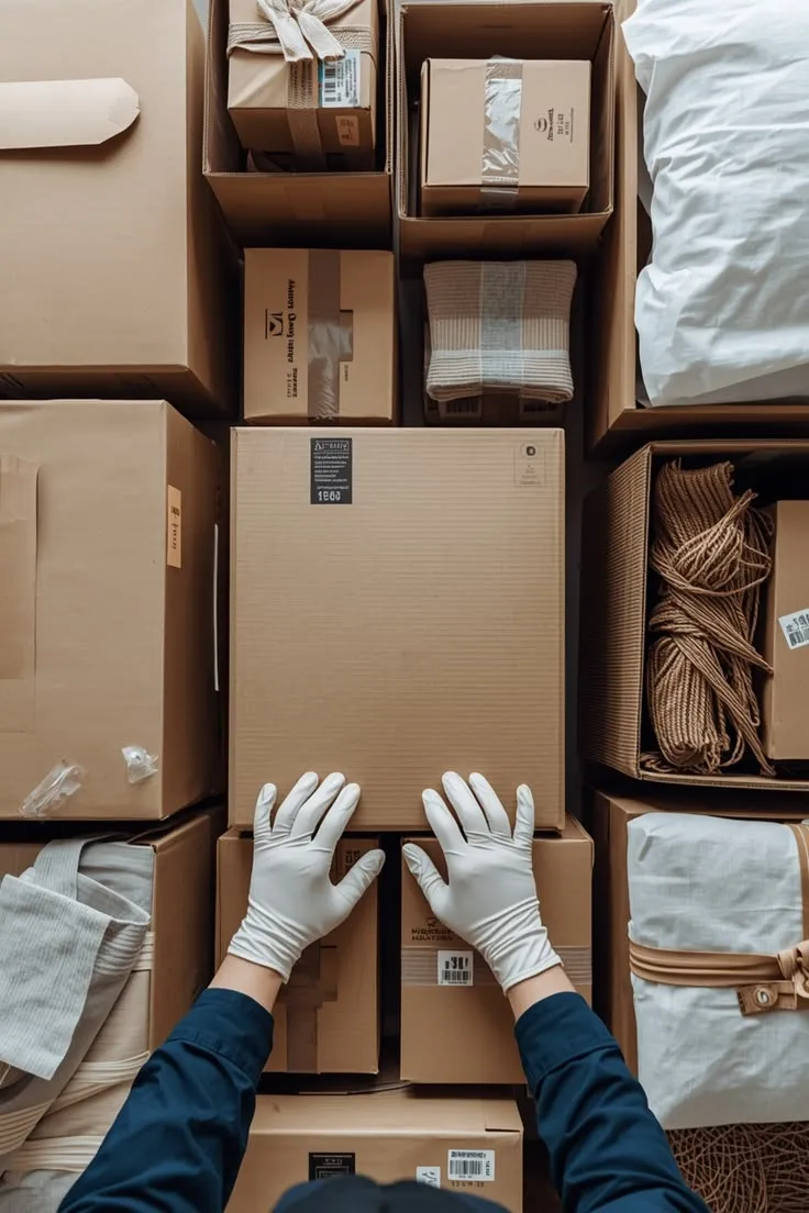 Manos con guantes preparando cajas con enseres